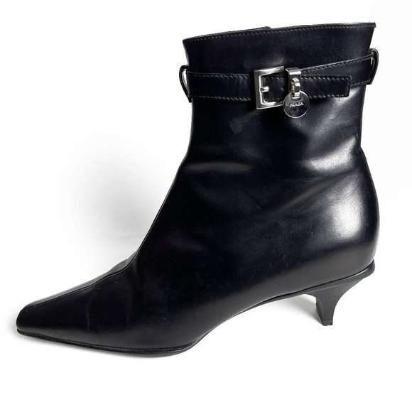 Prada | Black Leather Buckle Kitten Heel Boots - Picture 3 of 10
